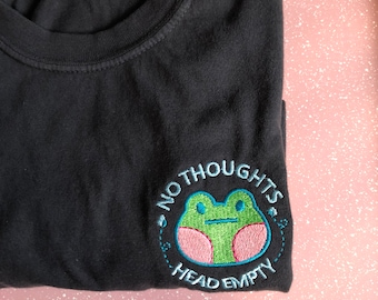 No Thoughts Head Empty, Frog Lightweight T Shirt, Adult Unisex Pink Clothing, Kawaii Embroidered Tee, Gift for Him, Gift for Her, Frog Meme