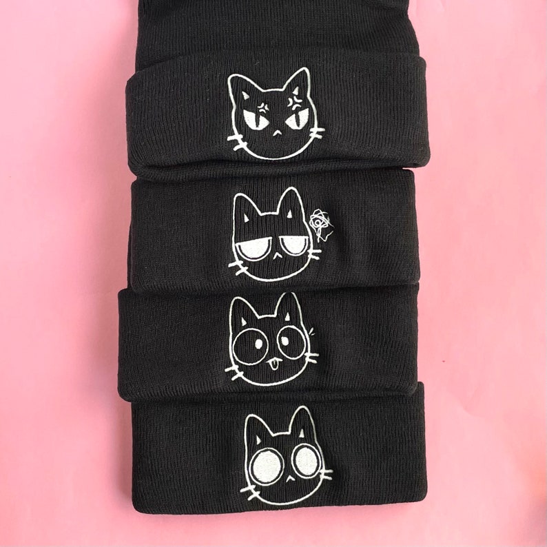 Glow in the Dark Embroidered Beanies for Cat Lovers, Cute Cat Emojis, Adult Unisex Black Beanie, Cuffed Knit Head wear, Embroidery Gifts image 2