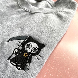 Grim Reaper Cat Embroidered Sweatshirt, Adult Unisex, Cute Halloween Embroidered Crewneck, Spooky & Goth Pull Over, Unique Embroidery Gift