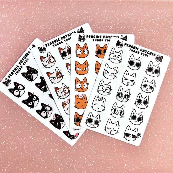 Glossy Cat Sticker Sheet for Planner & Journal, Kiss Cut Emoji Sticker Sheets, Calico, Tuxedo, Tabby Bujo Stickers, Cute Gift for Cat Owner