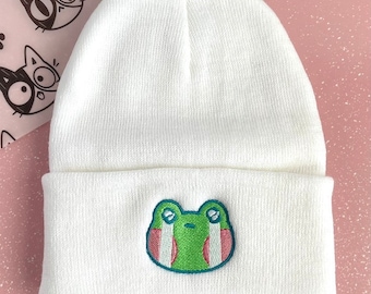 Frog Emoji Embroidered Beanie, Adult Unisex, Cuffed Knit Beanies, Froggy Emotions Beanie, Cute & Unique Gift for Froggie Lovers