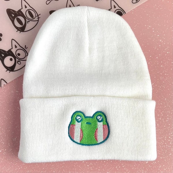 Frog Emoji Embroidered Beanie, Adult Unisex, Cuffed Knit Beanies, Froggy Emotions Beanie, Cute & Unique Gift for Froggie Lovers