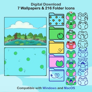 May include: Digital download featuring 7 wallpapers and 216 folder icons. The image includes a landscape scene with a pond and cartoon frogs. Folder icons are in various colors with star, leaf, and frog designs. Compatible with Windows and MacOS.
