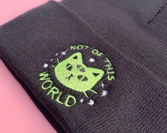 Not Of This World, Alien Cat Embroidered Beanie, Adult Unisex, Cuffed Knit Beanies, Cute Galaxy Beanie for Autumn, Gift for Space Lovers