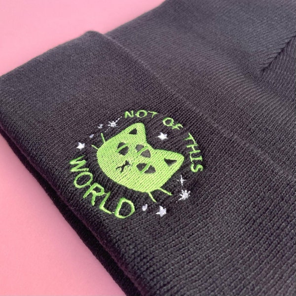 Not Of This World, Alien Cat Embroidered Beanie, Adult Unisex, Cuffed Knit Beanies, Cute Galaxy Beanie for Autumn, Gift for Space Lovers