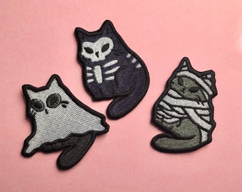 Écusson d'Halloween à repasser, écusson chat fantôme, écusson chat squelette, écusson chat momie, écusson phosphorescent à coudre, écusson brodé sac à dos