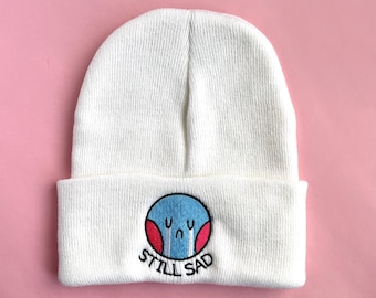 Still Sad Embroidered Beanie, Adult Unisex, Cuffed Knit Beanies, Cartoon Frowny Face Beanie, Crying & Sad Emoji, Cute Gift for Crybaby