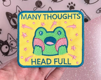 Many Thoughts Head Full, Cute Frog Iron On Patch for Clothes, Backpacks, Bags, etc. Kawaii Froggy Embroidery, Overthinking Sew On Badge