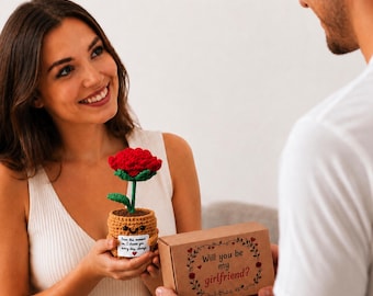 Will You Be My Girlfriend Proposal Card Match Box Crochet Rose Flower - Be My GF Gift