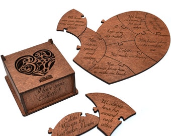 Personalized 10 Reasons Why I Love You Puzzle Heart for Her, Him, Wife, Girlfriend - Custom Reasons We Love You Mom, Dad - Wooden Love Box