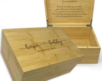 Wood Storage Box with Hinged Lid, Keepsake Box, Personalized Gift for Couple, Engraved Memory Box Wedding Photos, Anniversary Gift for Love