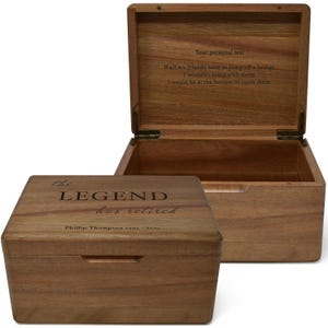 May include: Wooden keepsake box with the text "The Legend has retired" and the name "Phillip Thompson 1995-3035" engraved on the lid. The box is open, revealing a blank interior and the text "If all my friends were to jump off a bridge..." on the inside.