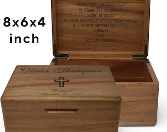 May include: A wooden keepsake box, 8x6x4 inches, with an open lid revealing engraved text. The box's lid features a cross and the name "Olivia Thompson" with the date "November 20, 2024". The interior of the lid has an engraved religious quote.