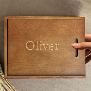 Keepsake Box Sliding Lid - Personalized Wooden Memento Box w/ Slide Top, Photo Prints Storage, Custom Name Gift, Wedding Anniversary Gift
