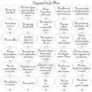 May include: A printable list of 60 reasons why someone is a great mom. The list is presented in a heart shape with each reason written inside the heart. The list is titled "Suggested list for Mom".