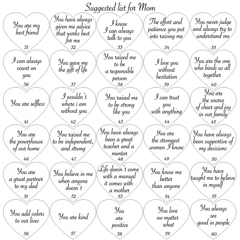 May include: A printable list of 60 reasons why someone is a great mom. The list is presented in a heart shape with each reason written inside the heart. The list is titled "Suggested list for Mom".