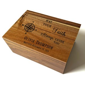 First Holy Communion Gift for Boys, Custom Name Baptism Keepsake Box, Acacia Wood Christening Memory Box Chest, Godson Gift Personalized