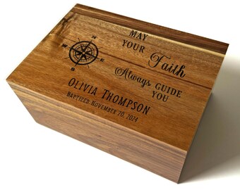 First Holy Communion Gift for Boys, Custom Name Baptism Keepsake Box, Acacia Wood Christening Memory Box Chest, Godson Gift Personalized