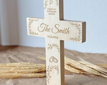 Personalized Wedding Gift - Wooden Cross for Wall, Table - And the Two Shall Become One Flash - Scripture Wall Decor Custom Engraved Cross