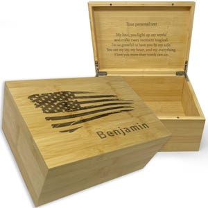 Personalized American Flag Gift Box - Engraved USA Flag Memory Box, Custom Patriotic Gifts, Bamboo Wood Treasure Box for Men, Keepsake Box