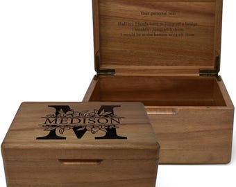 Floral Initial Keepsake Box - Monogram Box, Wooden Box with Hinged Lid, Custom Memory Box, Family Name Wedding Memories Storage Couples Box