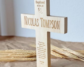 Personalized Baptism Cross w/ Name, Kids Christian Gift, Engraved Wooden Cross with Bible Verse Scripture, First Holy Communion Gift Godson