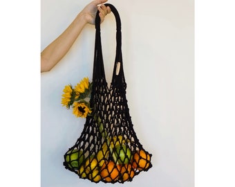 BLACK Macrame HAND-MADE Farmers Market Bag | Beach Boho Crochet Tote Unique Gift