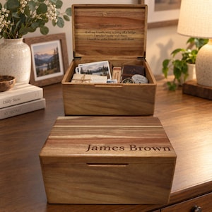 Engraved Name Keepsake Box, Acacia Wood Custom Storage Box with Hinged Lid Large Decorative Chest for Collectibles, Photo, Personalized Gift