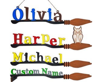 Personalized Wizard Broomstick–Wooden Custom Name Sign Gift–Handmade Witch Wood Wall Art Decorations for Home Decor, Desk, Kids Bedroom Door