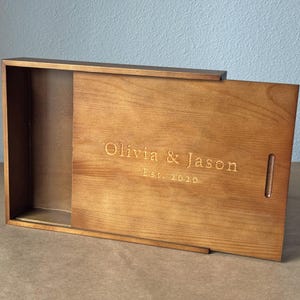 Memory Box Slide Top - Personalized Wooden Keepsake Box w/ Sliding Lid, Photograph Prints Storage, Custom Gift for Couple, Anniversary Gift