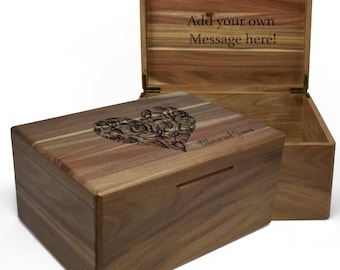 Floral Heart Wooden Keepsake Box, Personalized Memory Box, Memento Storage for Keepsakes, Acacia Wood Box for Couple, Valentine Gift for Her