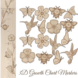 Wooden Growth Chart Markers for Girls Height Measurement, Woodland Shapes