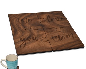 Wooden Coasters Puzzle for Mom - Mom Puzzle Mother Day Gift from Kids, Walnut Coffee Cup Holder, Tabletop Protection, Mom Birthday Gift