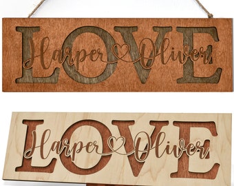 Engraved Love Sign with Couple's Names, Valentine's Day Gift for Her or Him, Custom Love Gift Wife Husband, Personalized Wooden Plaque