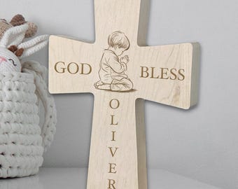 Baptism Gift Personalized - Prayerful Child Wall Cross - First Holy Communion Gift - Engraved Name, Baby Boy or Girl Icon, Backside Message