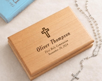 Personalized First Communion Valet Box - Religious Keepsake Box Custom Engraved - Beech Wood 1st Communion Jewelry and Rosary Storage