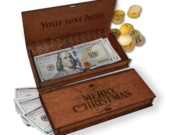 Christmas Money Holder Custom Engraved, Xmas Money Gift Box for Cash, Personalized Christmas Eve Box Wood, Merry Christmas Money Card Holder