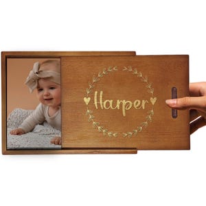 Baby Keepsake Box - 5x7 Photo Storage, Baby Shower Photo Album Memory Box, Slide Box for Kid&#39;s Photos, Boys & Girls Photograph Prints Box