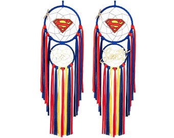 May include: Two blue and white dreamcatchers with red, yellow, and blue tassels. The top dreamcatcher has a Superman logo and the bottom dreamcatcher has the word "Sweet" written on it.