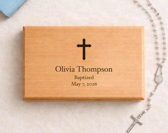 Personalized Baptism Keepsake Box - Custom Engraved Christening Gift - Beech Wood Baby Baptism Memory Box for Jewelry & Rosary