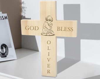 Prayerful Child Personalized Wooden Cross - Baptism, First Holy Communion Gift - Engraved Name, Baby Boy or Girl Icon and Backside Message