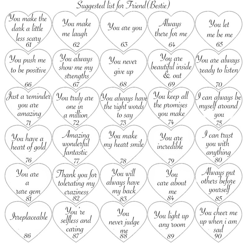 May include: A printable list of 10 reasons why someone is a good friend, with each reason written inside a heart shape. The list includes phrases like "You make me laugh", "You are always ready to listen", and "You are incredible".