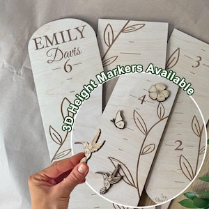 Personalized Wooden Growth Chart for Wall - Custom Name Wood Height Ruler for Girls - 3D Woodland Shaped Markers