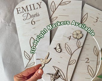 Personalized Wooden Growth Chart for Wall - Custom Name Wood Height Ruler for Girls - 3D Woodland Shaped Markers