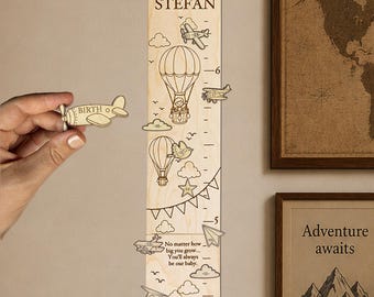 Wooden Growth Chart for Wall Personalized - Wood Height Ruler for Boys & Girls - 3D Adventure Shaped Markers