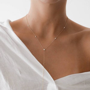 Minimal 18K Gold Lariat Necklace, Thin Gold Chain Y Necklace with Cubic Zirconia Stone, Bridesmaid Gift, Dainty Drop Chain Necklace