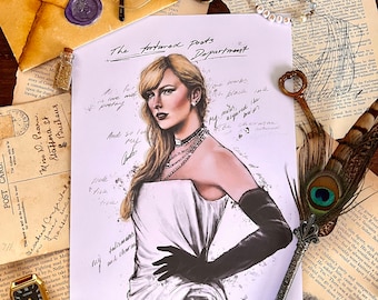 May include: A black and white illustration of a woman in a white dress with black gloves. The woman is wearing a pearl necklace and has her hair pulled back. The illustration is on a white background with handwritten text around the edges. The text includes the words "The Fortured Poets Department", "All's fair in love and poetry", "And so I love my", "que bombs", "rich place", "My muse, but I acquired", "chairman", "parses", "Heartiest Confiatale on your success", "Ticle", "Ticle", "acher", "my talismans", "my and charm", and "PARIS".