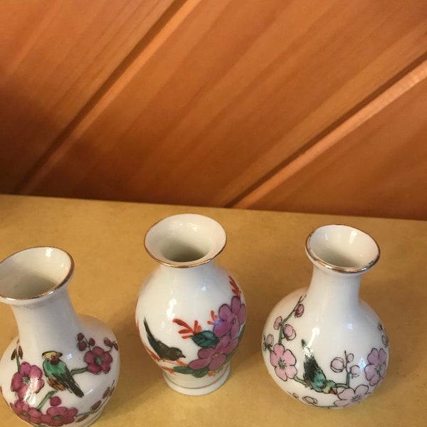 3 vintage bone china mini vases with gold trim on base and rim, birds , floral