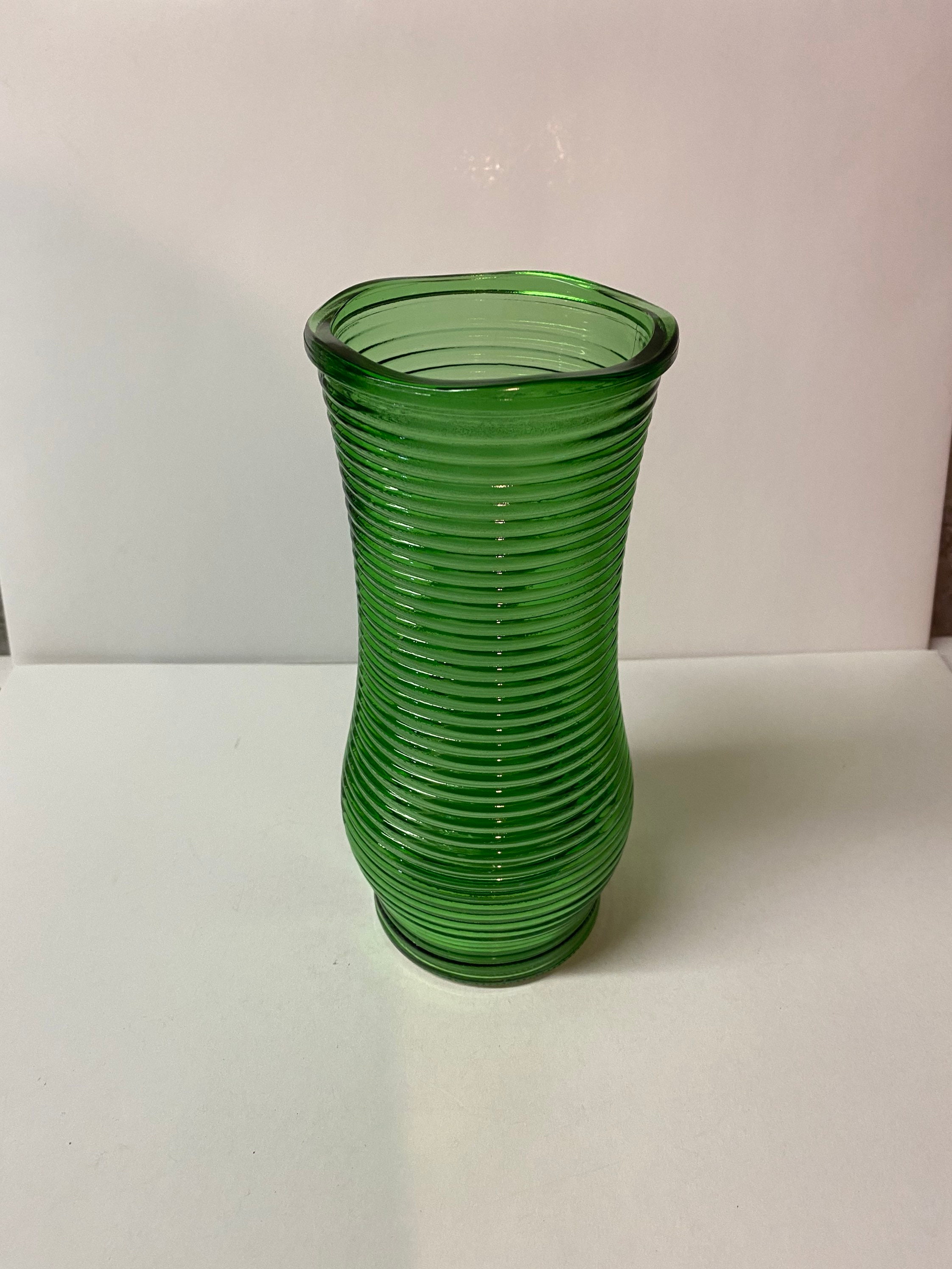 Vintage Cfg Green Horizontal Ribbed Glass Vase Etsy