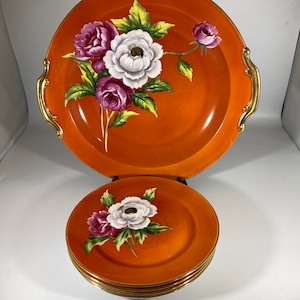 Vintage noritake morimura handpainted cake plate with 4 dessert plates